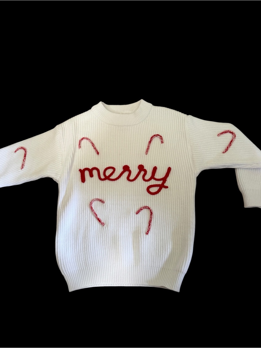 Kids Cream 'Merry' Holiday Sweater with Red Candy-Cane Accents SZ 6 BMG